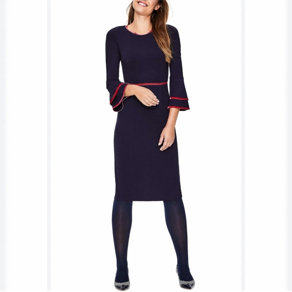 Boden Cora Midi Jersey Dress Navy Velvet Trim Bell Sleeve - US 10